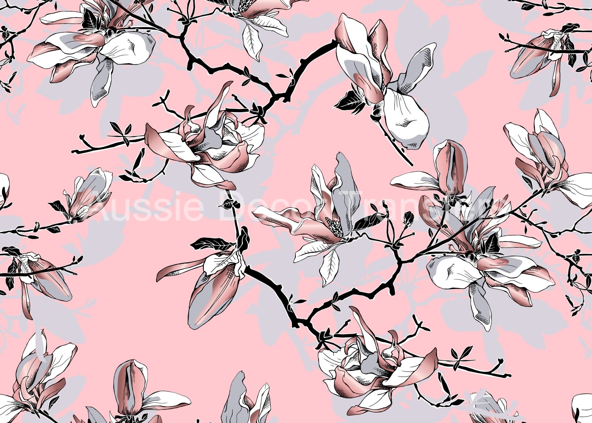Aussie Decor Transfers Poster Print Pink & Grey Magnolias - Not Your Average Poster Print! - AUS Only